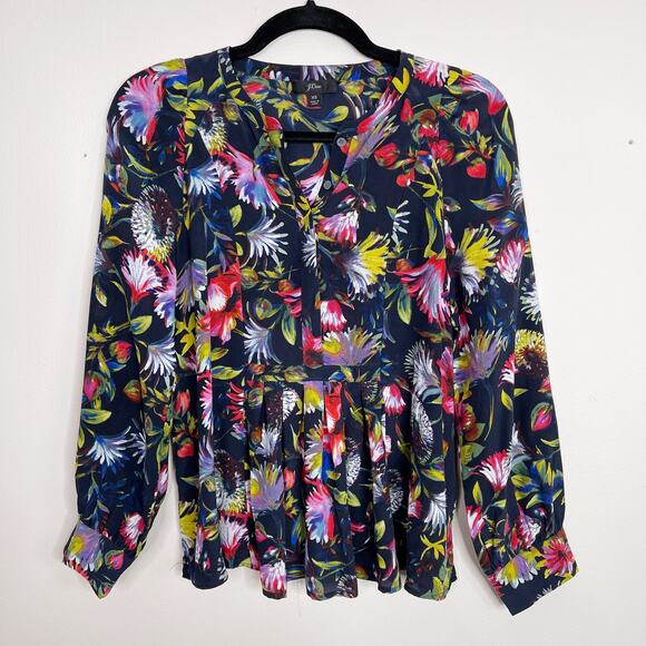 J Crew Silk Pleated Floral Popover Blouse Top Navy Blue XSmall K1822 Womens - Picture 1 of 11